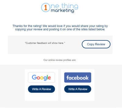 email three The last step in our Reputation Management is asking the customer to out their review on other platforms.